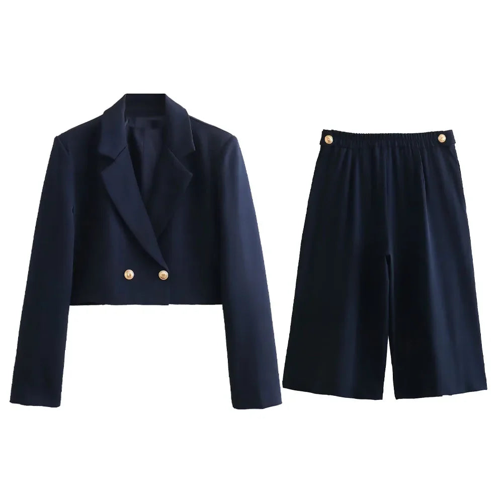 Spring Chic: Women's High-Waisted Short Coat and Wide-Leg Pants Set