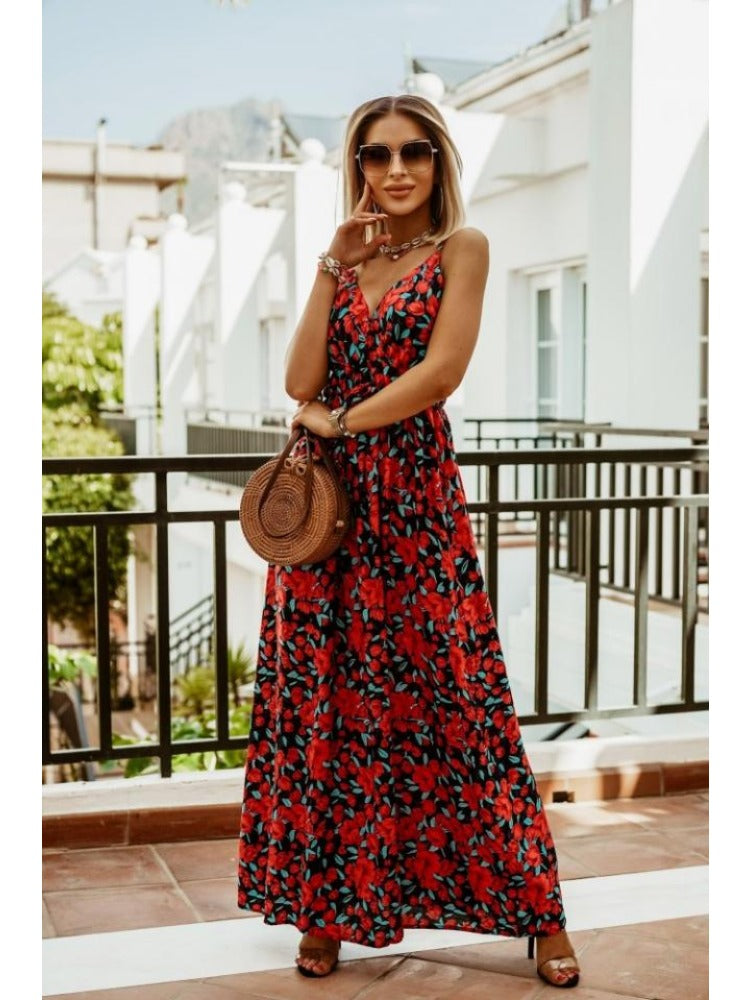 Floral Print Maxi Dress with Thin Straps