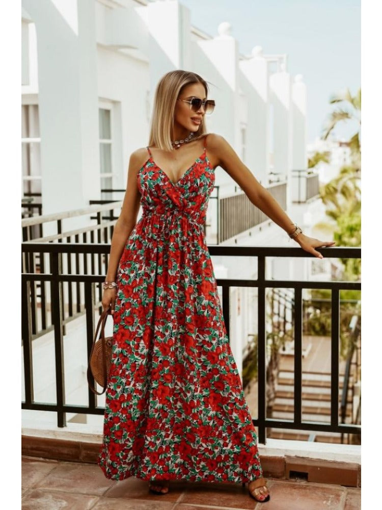 Floral Print Maxi Dress with Thin Straps