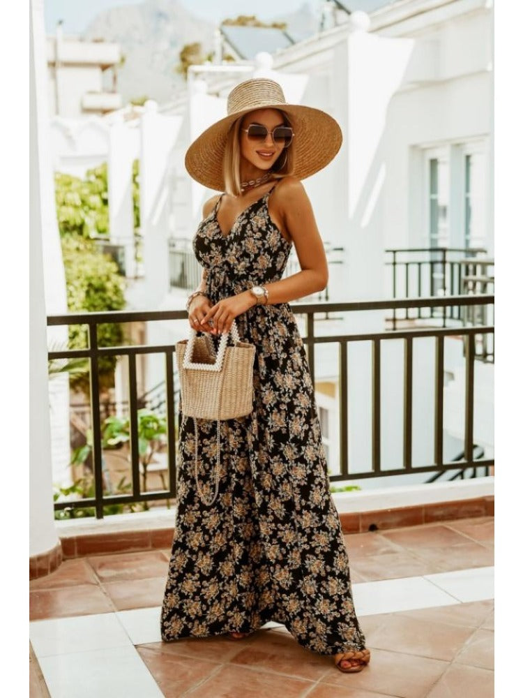 Floral Print Maxi Dress with Thin Straps