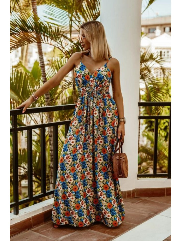 Floral Print Maxi Dress with Thin Straps