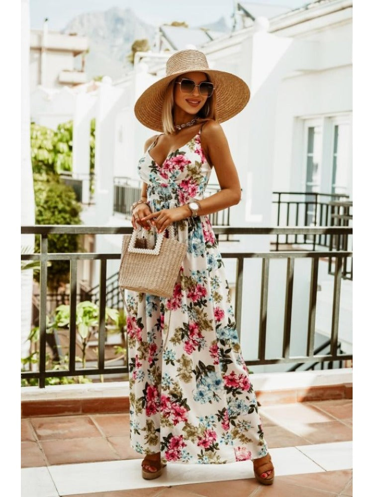 Floral Print Maxi Dress with Thin Straps