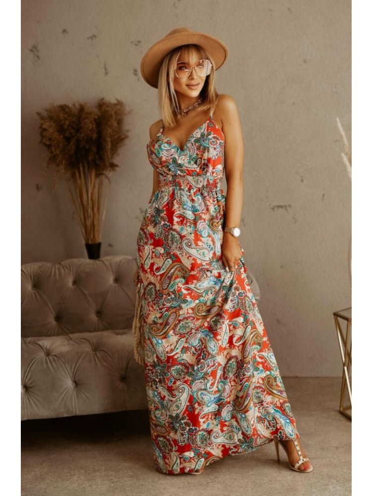 Floral Print Maxi Dress with Thin Straps